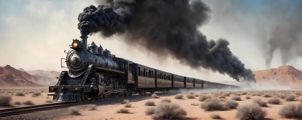 Naklejka premium retro steam locomotive driving through desert. Oil painting styled illustration