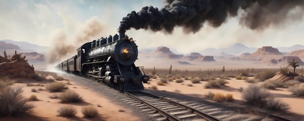retro steam locomotive driving through desert. Oil painting styled illustration