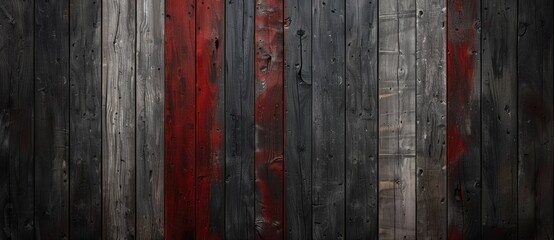 Rustic wooden background with weathered black and red planks adds vintage charm and grunge design, perfect for any project