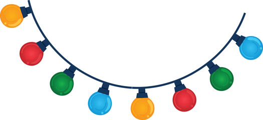 Colorful string lights featuring red, yellow, green, blue bulbs. Festive holiday garland ideal Christmas, parties, decorations. Decorative vibrant lanterns, isolated white background, vector