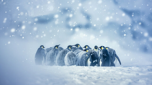 A group of emperor penguins huddled together during a snowfall in Antarctica, with icebergs in the background.