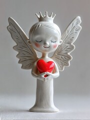 Fototapeta premium White porcelain figurine of an angel with wings, a crown and a red heart in her hands.