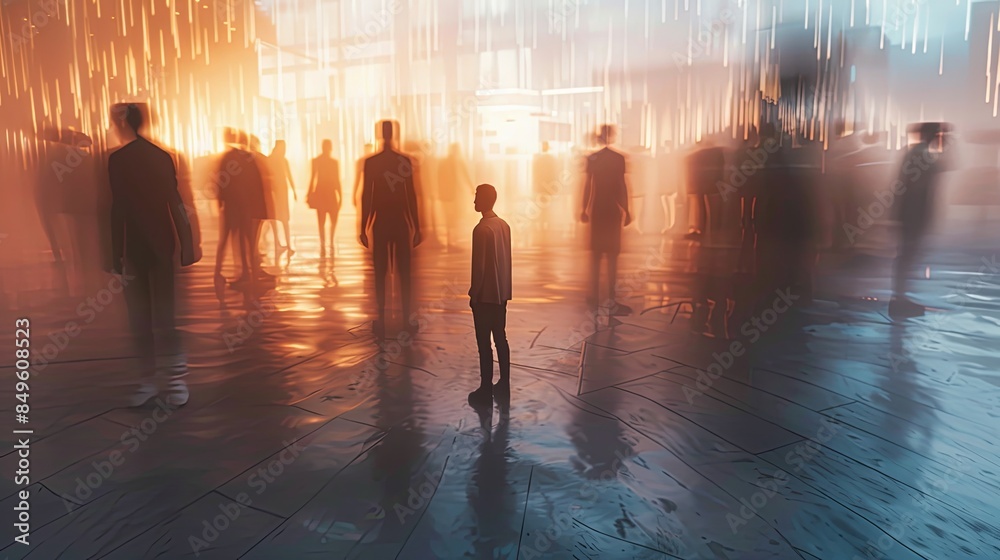 Poster a lone individual stands in a bustling crowd, but appears disconnected and alone, with the backgroun