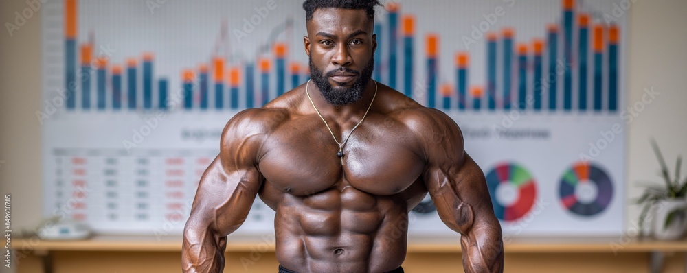 Wall mural a muscular man confidently poses in front of financial graphs displaying distinct persistence and am