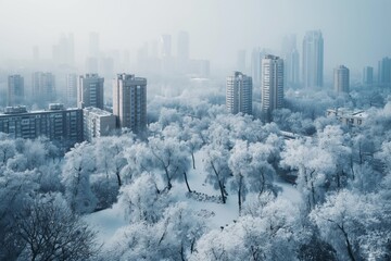 Frozen Urban Park with Icy Trees and Snow-Covered Buildings Beneath Tall Skyscrapers in the Cityscape