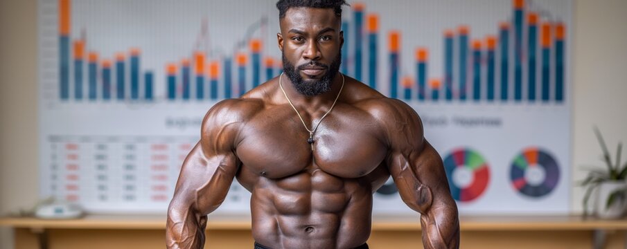 A muscular man confidently poses in front of financial graphs displaying distinct persistence and ambition