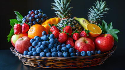Colorful fruits in basket. Created with Ai