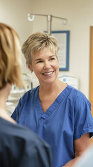 Obraz premium Middle-aged Female Nurse Portrait, Professional Environment, Diverse Workforce, Corporate Photography, Team Collaboration, Engaged Employees, Authentic Work Settings.