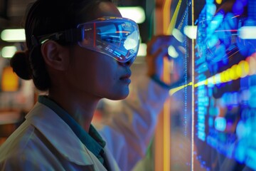 Close-up of a scientist using augmented reality technology in a futuristic laboratory setting, examining digital data displayed on a transparent screen.