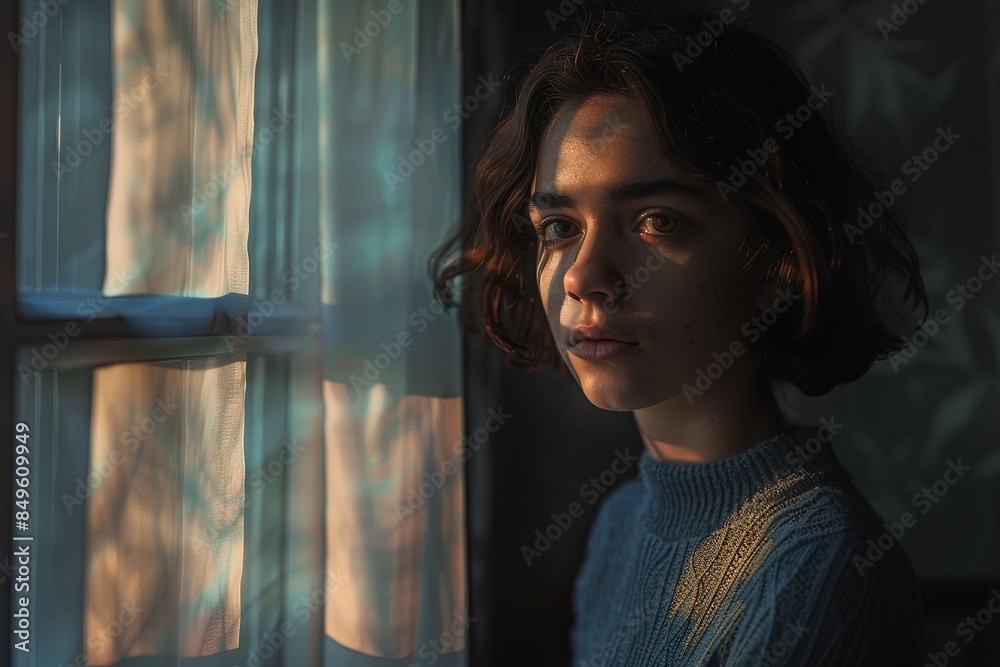 Aufkleber a young woman stands by a window, looking out with a wistful expression. the room is dimly lit, with