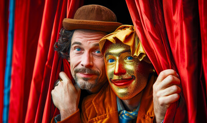 Obraz premium Comedic Theater Actors Posing with Golden Mask Behind Red Curtain in Vibrant Stage Setting Evening Concept