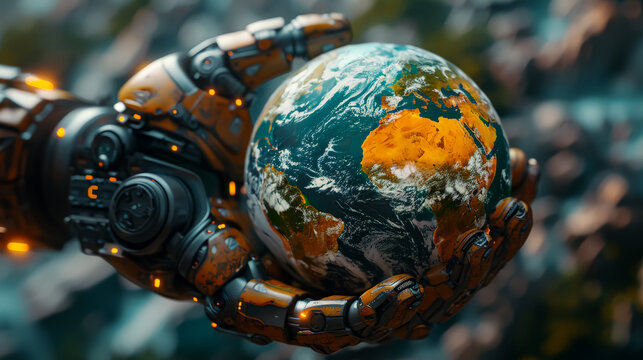 A robot is holding a globe in its hand. The robot is made of metal and has a robotic arm. The globe is made of plastic and is a bright blue color. The scene is futuristic