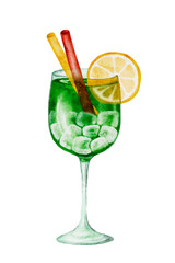 Watercolor green summer bright cocktail, refreshment drink