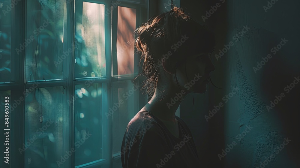 Aufkleber a woman stands by a window in a dimly lit room, looking out with a contemplative expression. soft na