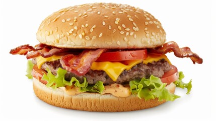 A photo of an American style cheeseburger with lettuce, tomato, and bacon on the side. The golden brown bun has small white seeds in it. Melted cheddar is against each patty, with crisp lettuce 