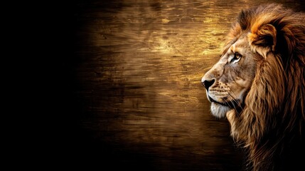 A side profile of a majestic lion against a golden textured background, showcasing its regal presence and natural power, perfect for themes of strength and majesty.