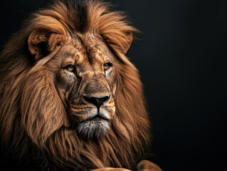 Fototapeta premium Majestic lion's face on a dark background with space for text. Ideal for wildlife, regal, or nature themes.