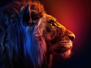 Naklejka premium A majestic lion's profile, illuminated with vibrant blue and red lighting, capturing the regal and powerful nature of this iconic animal in a bold, artistic style.