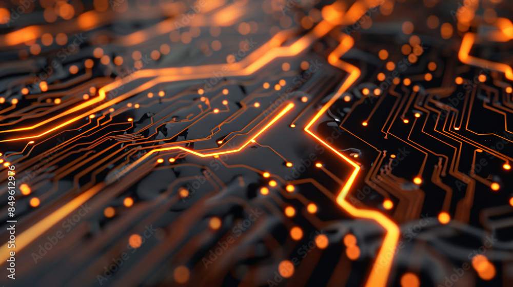 Aufkleber orange lights are glowing on a circuit board, creating a futuristic technology background