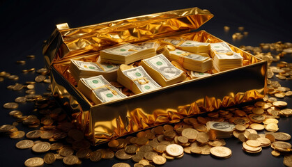 A box filled with banknotes and surrounded by gold coins