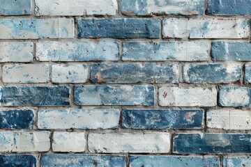 Blue and white painted brick wall with a distressed and weathered look, creating an interesting and textured background