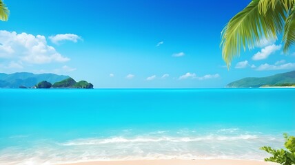 Fototapeta premium background of sea and beach landscape with palm trees and a small boat