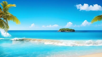 Fototapeta premium background of sea and beach landscape with palm trees and a small boat