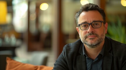 Fototapeta premium a man with glasses sitting in a room with a plant in the background