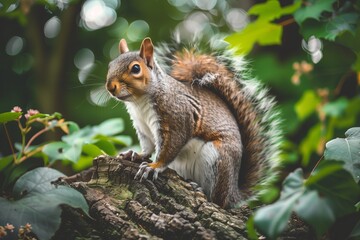 Obraz premium Squirrel perched on thick tree branch in forest, has soft gray fur and is looking attentively