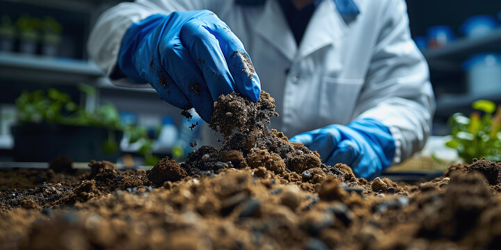 researcher analyzes a soil sample in laboratory tests for contamination and bioremediation