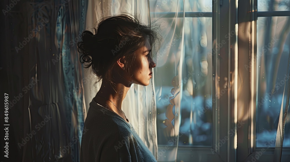 Aufkleber a woman stands by a window, looking out with a thoughtful expression, bathed in soft natural light. 