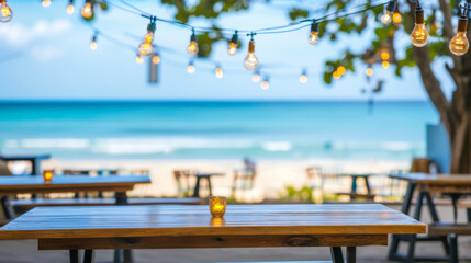Beachside Bar with String Lights and Ocean View at Sunset
