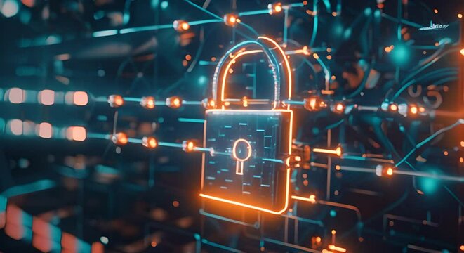 Glowing Digital Padlock on Network Background.
