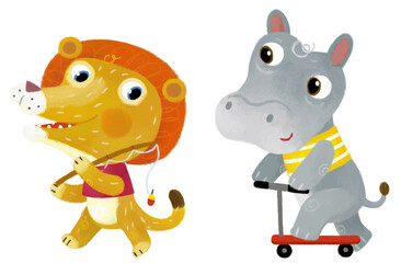 cartoon scene with happy little boy lion cat fisherman and hippo hippopotamus on scooter having fun going fishing on white background illustration for children
