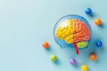 Colorful AI brain with floating elements, representing artificial intelligence, cognitive computing, and innovative technology in a conceptual design.