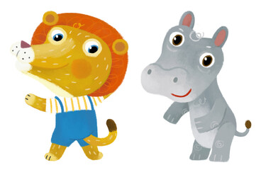 cartoon scene with happy little boy lion cat and hippo hippopotamus friend having fun on white background illustration for children
