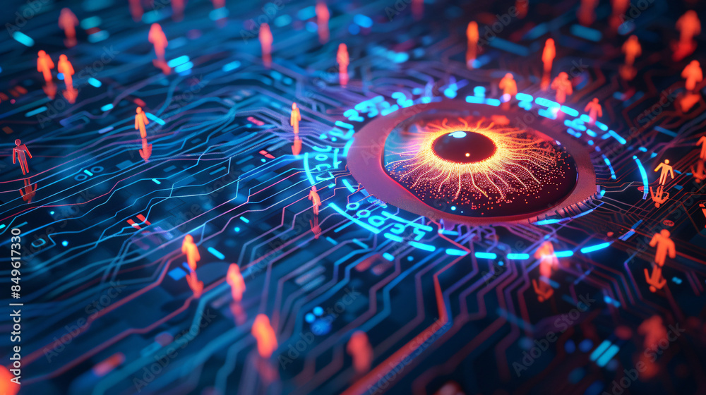 Poster glowing eye scanning over digital people moving through a computer network
