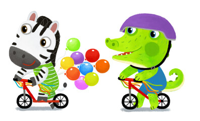 cartoon scene with wild animal alligator crocodile doing things like human and zebra horse riding scooter on white background illustration for children