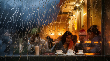 Obraz premium Steaming Cup Rainy Window View
