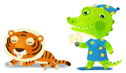 cartoon scene with wild animal alligator crocodile doing things like human and tiger cat sleeping on white background illustration for children
