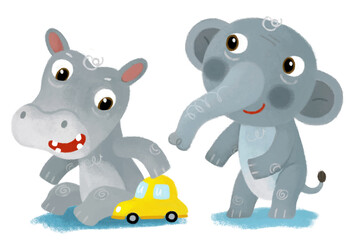 cartoon scene with happy little boy elephant having fun driving toy car with hippo hippopotamus friend on white background illustration for children