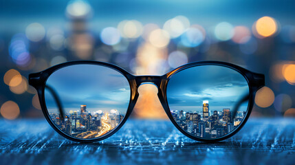 Pair of eyeglasses is reflecting a beautiful cityscape at night