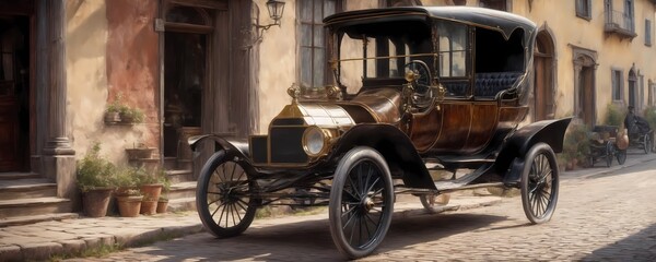 First historic cars during 1890s oil painting styled illustration. High resolution