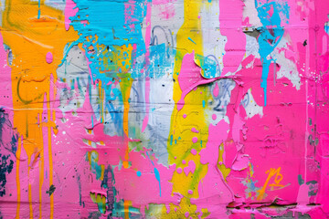 Fototapeta premium Messy paint strokes and smudges on an old painted wall. Pink, purple, yellow, blue color drips, flows, streaks of paint and paint sprays