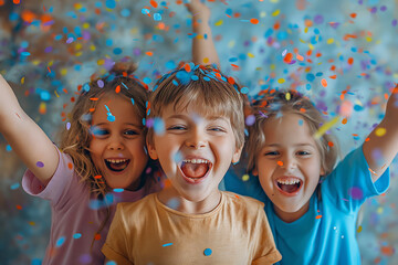 Happy children playing with confetti, capturing childhood innocence and joy, suitable for family, celebration, and happiness related content.