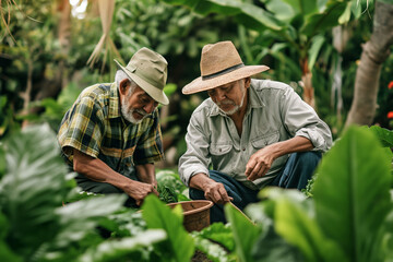 Elderly men engaged in gardening activities, a display of enduring friendship and the joys of shared hobbies in retirement.