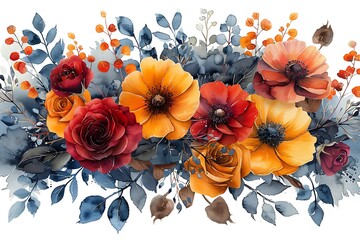 Fototapeta premium Watercolor floral composition with red, orange and yellow flowers and blue leaves on a white background.