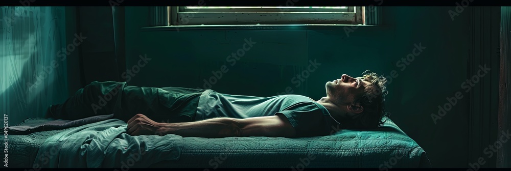 Poster in a dark room, a man lies on a bed, staring blankly at the ceiling. his face shows emptiness and de