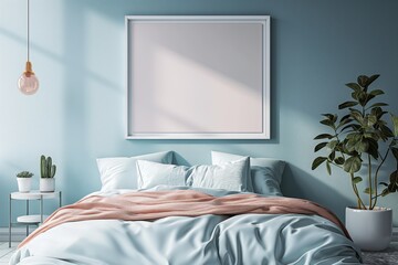Bedroom with mockup frame, exuding minimalism and calm. Ideal for marketing mockup products and highlighting modern simplicity in design.