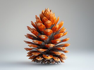 A single pinecone stands upright against a minimalist gray backdrop, its intricate spiral pattern and warm orange and brown hues drawing the viewer's eye.
